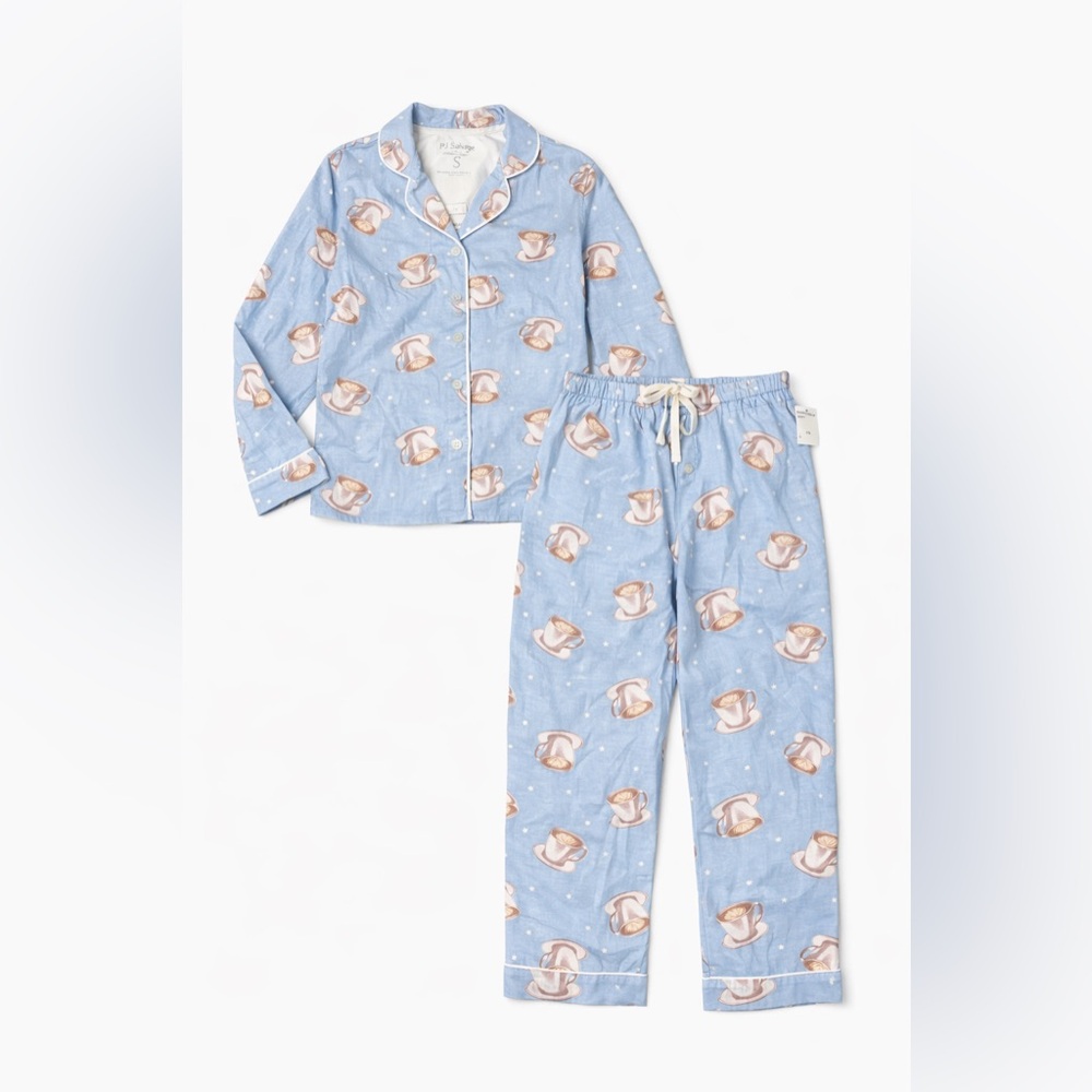 PJ Salvage Flannel Pajama Set Coffee Women Sky Blue Top & Pants size small